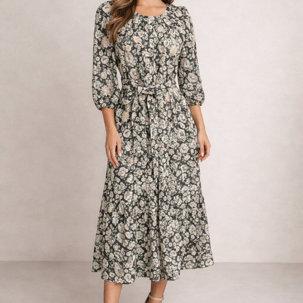 Tuckernuck Bouvardia Branch Lyles Dress Size Small Dark Floral Tie Waist Maxi